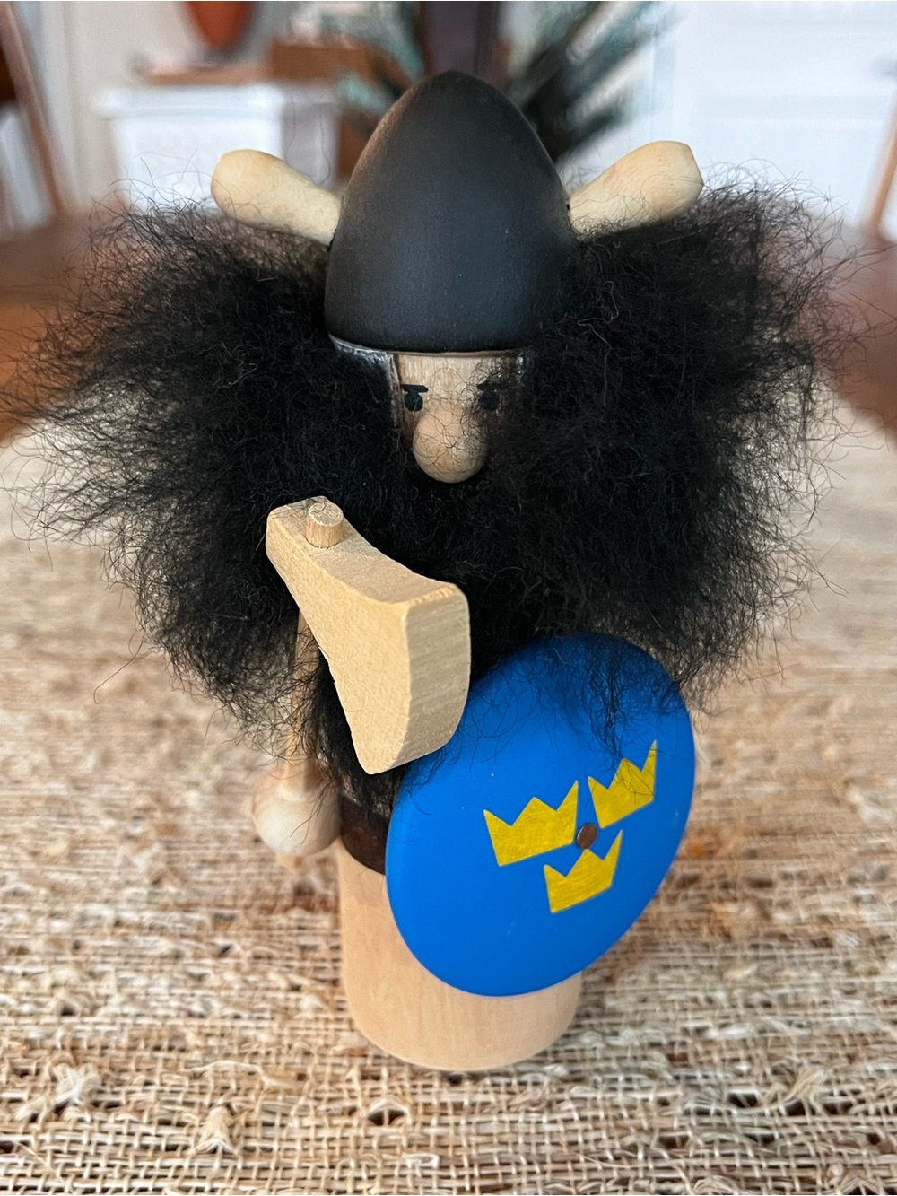 Wooden Norseman Viking Figurine with Blue Shield Handmade Sweden